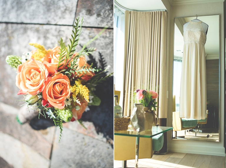 an ivory wedding gown and salmon peach rosas await the bride to wear them on the balcony of their hotel room at the Inn at the market